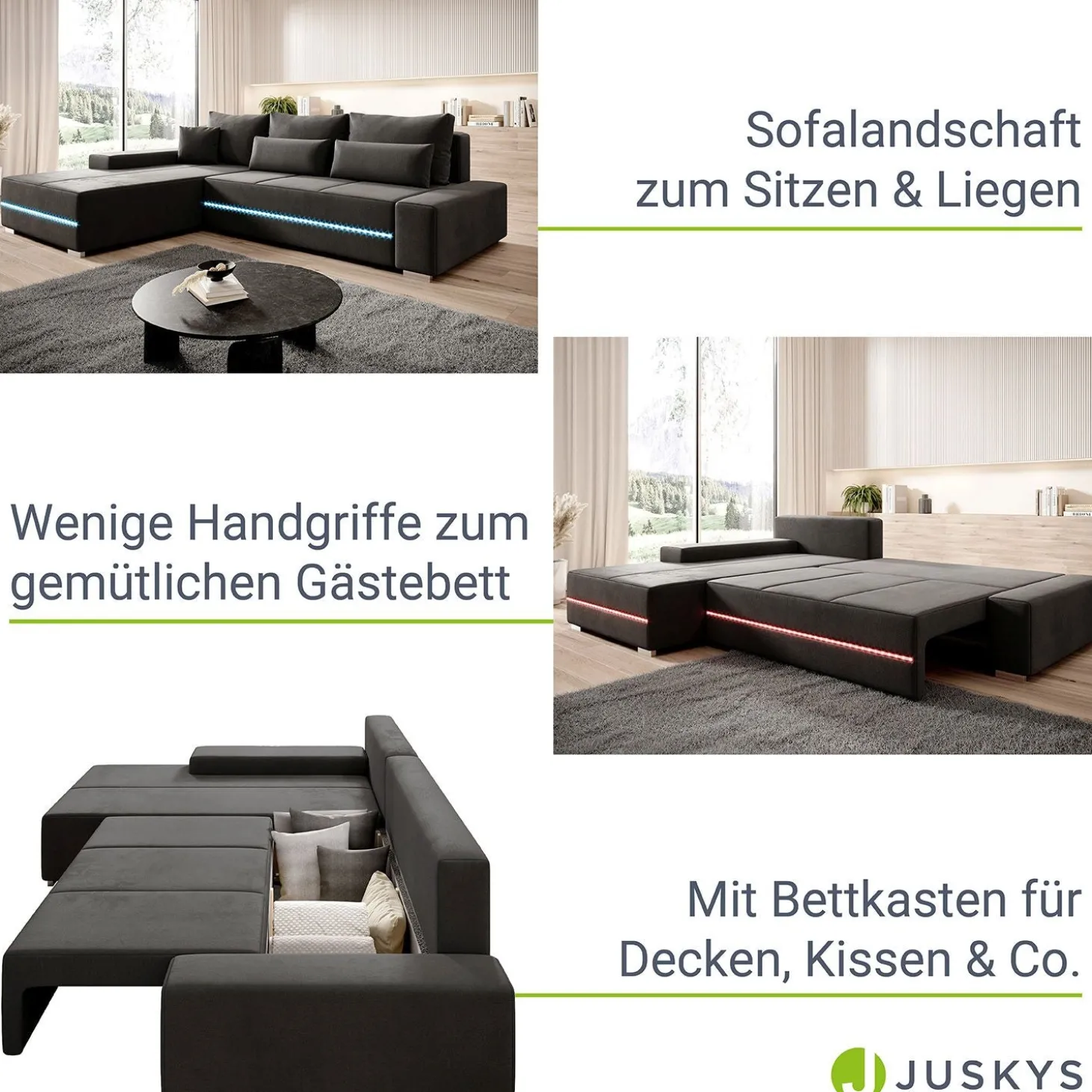 Sofa Davos mit LED Gemütliche Couch in L-Form mit Schlaffunktion