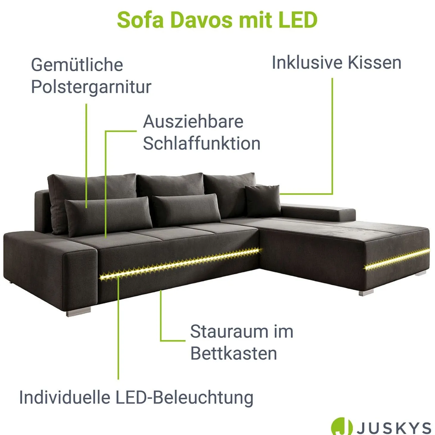 Sofa Davos mit LED Gemütliche Couch in L-Form mit Schlaffunktion