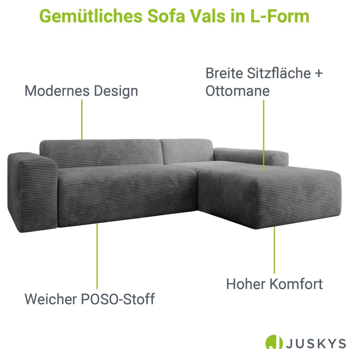 Sofa in L-Form Vals Gemütliche Couch in Cord-Optik