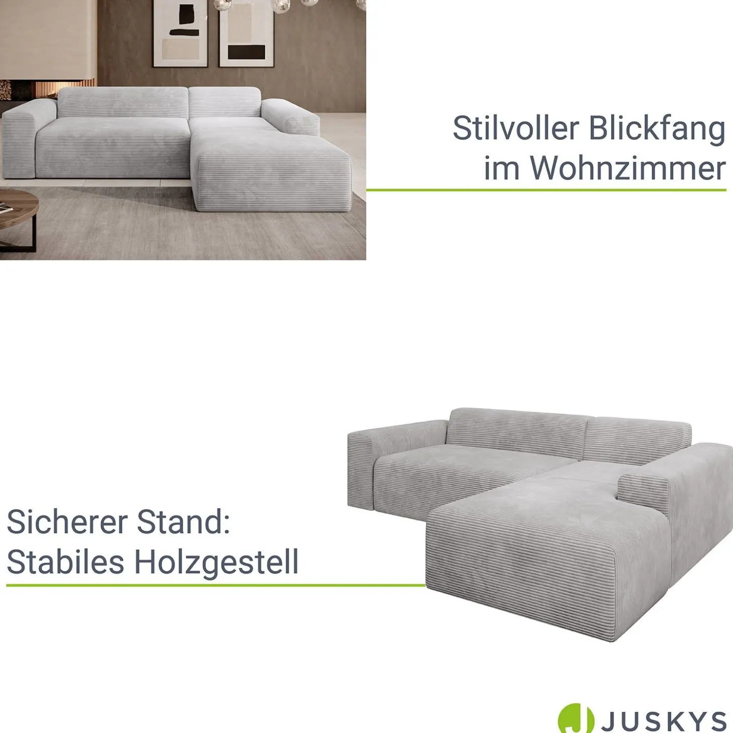 Sofa in L-Form Vals Gemütliche Couch in Cord-Optik