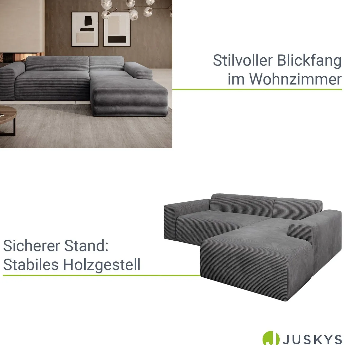 Sofa in L-Form Vals Gemütliche Couch in Cord-Optik