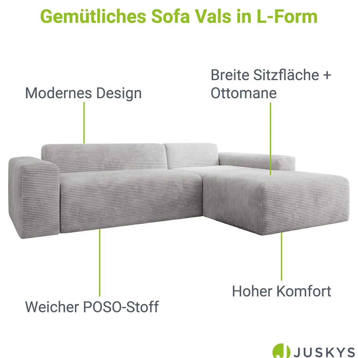 Sofa in L-Form Vals Gemütliche Couch in Cord-Optik