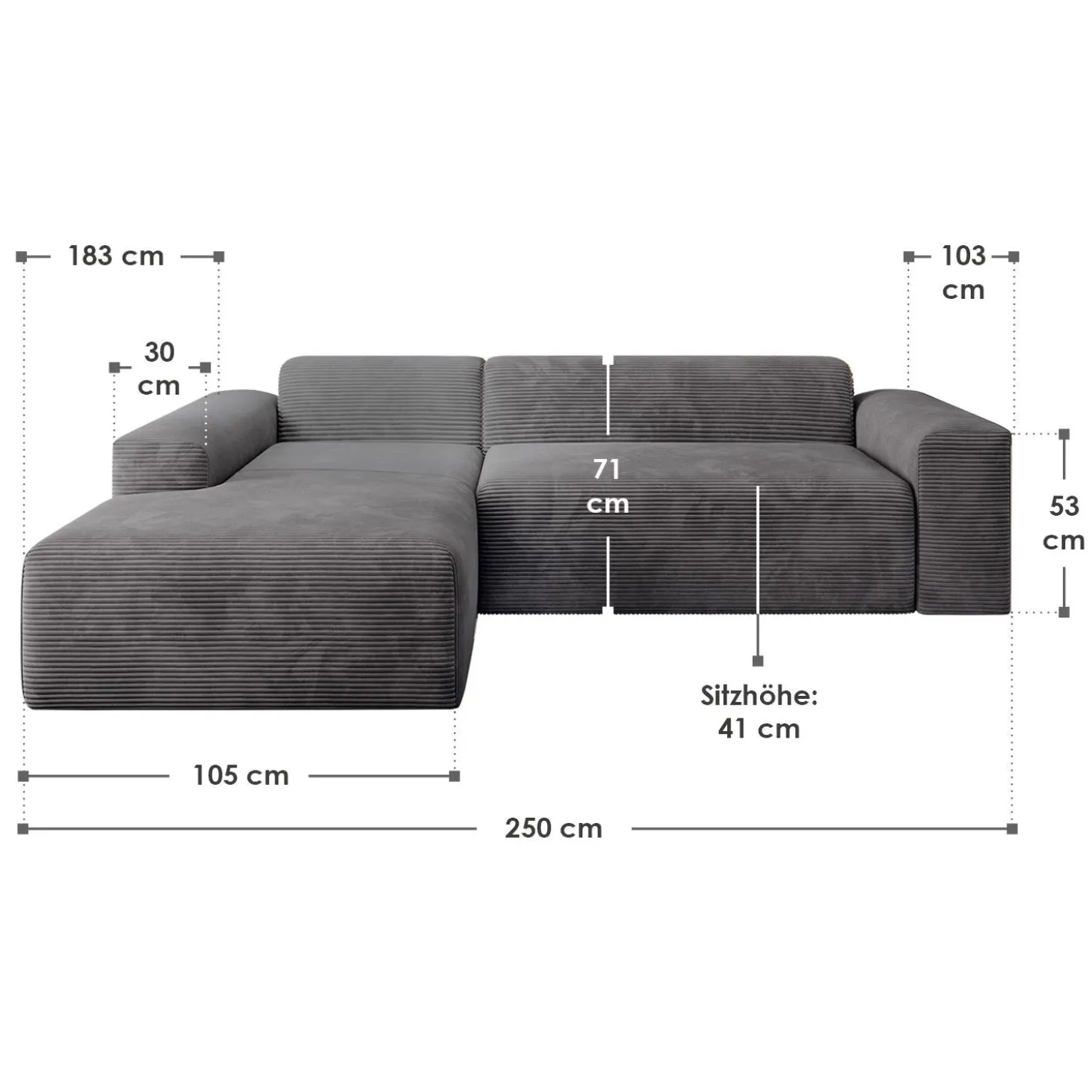 Sofa in L-Form Vals Gemütliche Couch in Cord-Optik
