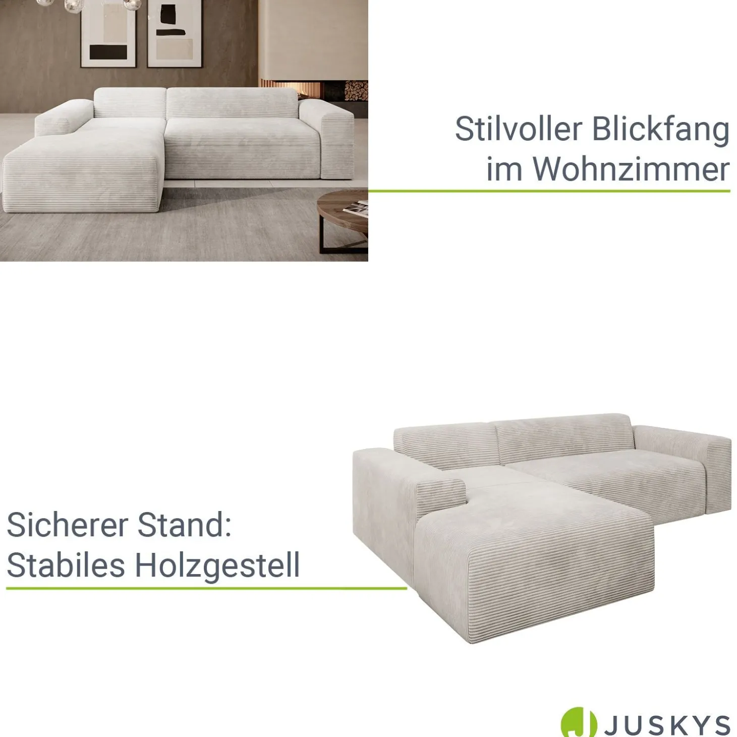 Sofa in L-Form Vals Gemütliche Couch in Cord-Optik