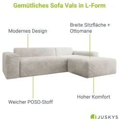 Sofa in L-Form Vals Gemütliche Couch in Cord-Optik
