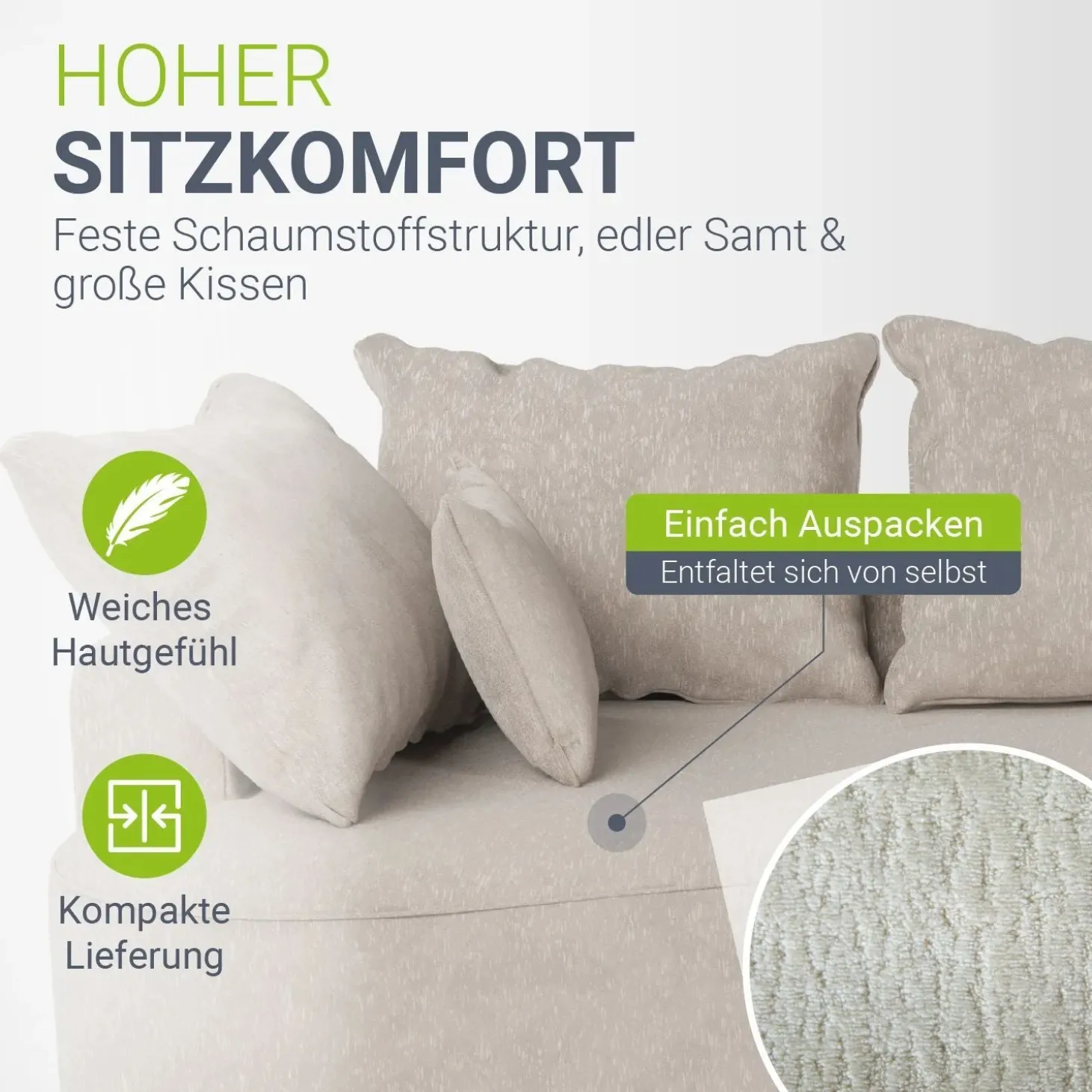 Sofa Tirano mit Ottomane & Dekokissen Gemütliche Couch mit Schaumstoff und Boxspringkern