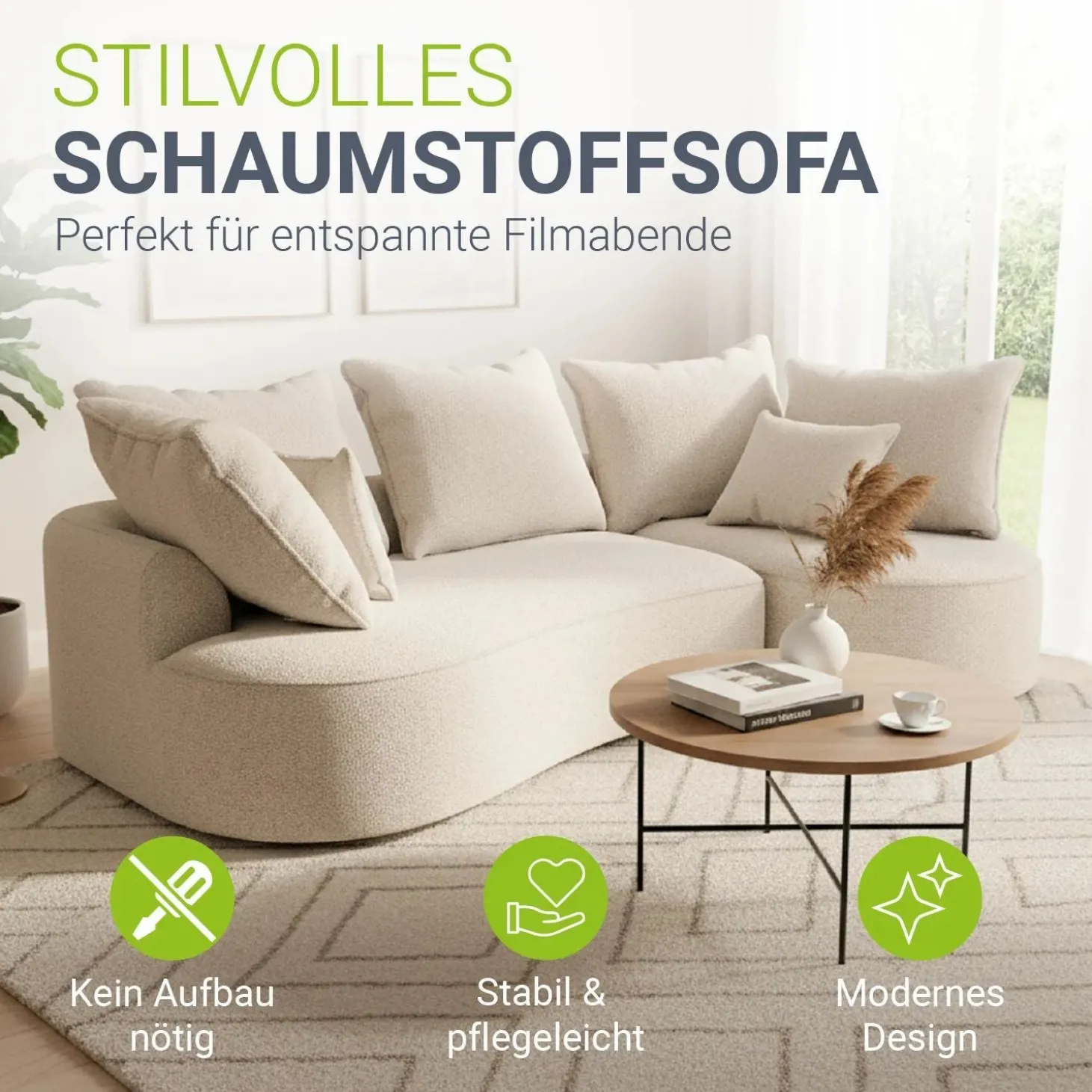 Sofa Tirano mit Ottomane & Dekokissen Gemütliche Couch mit Schaumstoff und Boxspringkern