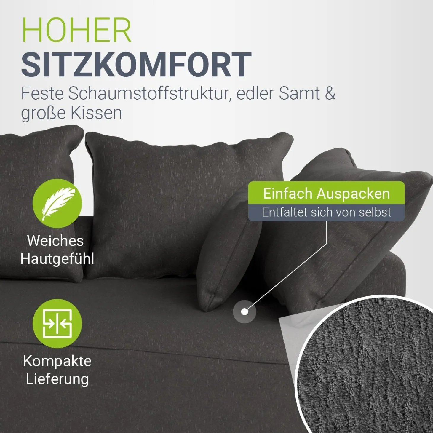 Sofa Tirano mit Ottomane & Dekokissen Gemütliche Couch mit Schaumstoff und Boxspringkern