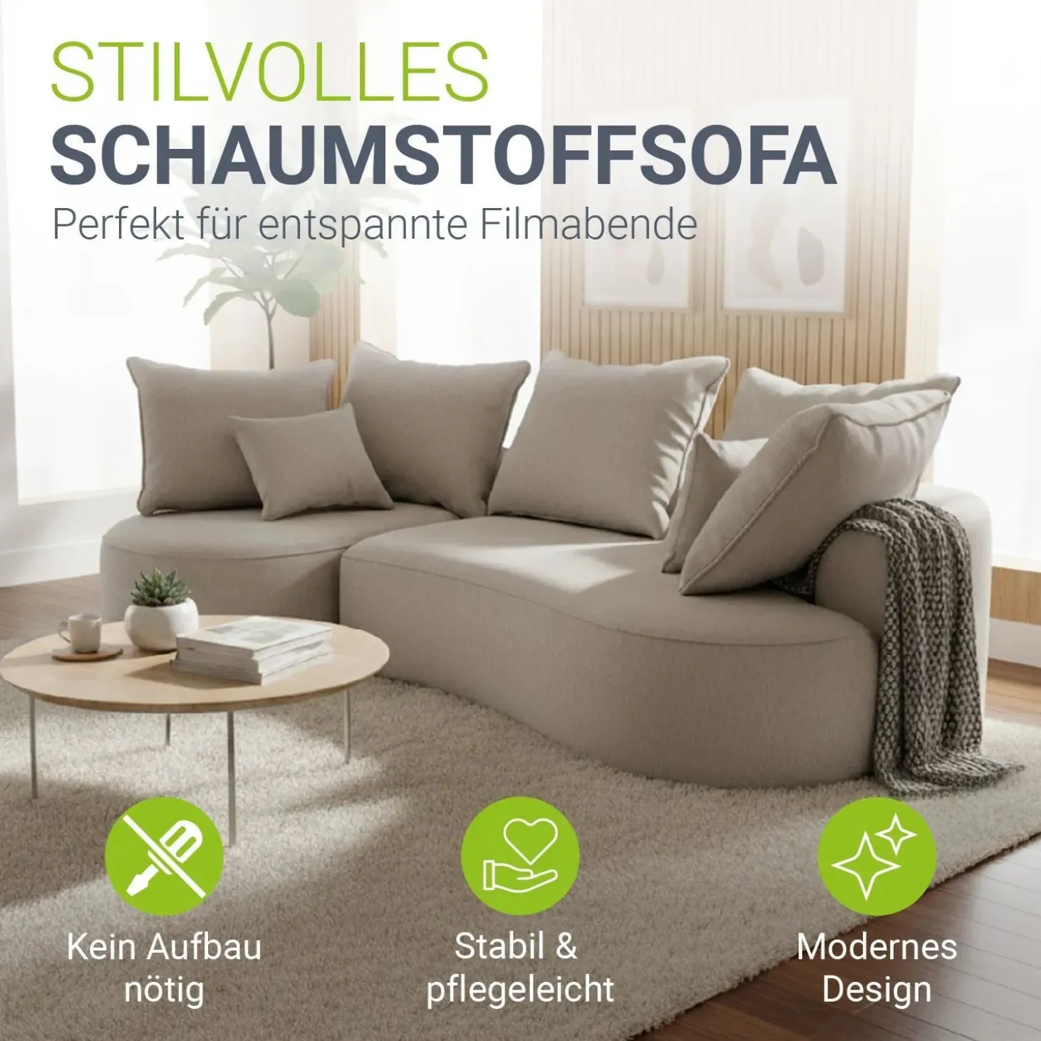 Sofa Tirano mit Ottomane & Dekokissen Gemütliche Couch mit Schaumstoff und Boxspringkern