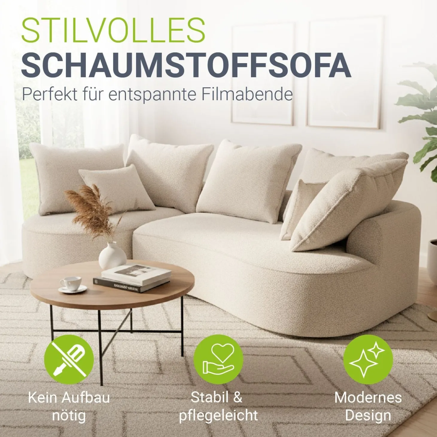 Sofa Tirano mit Ottomane & Dekokissen Gemütliche Couch mit Schaumstoff und Boxspringkern