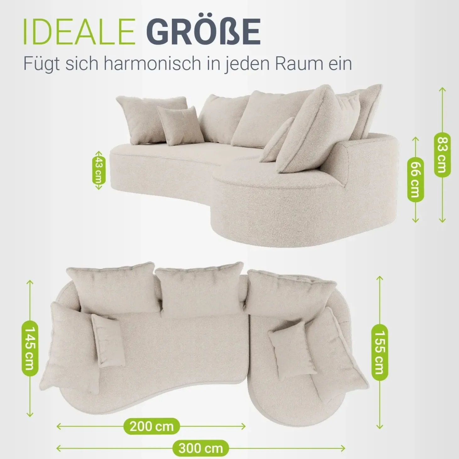 Sofa Tirano mit Ottomane & Dekokissen Gemütliche Couch mit Schaumstoff und Boxspringkern