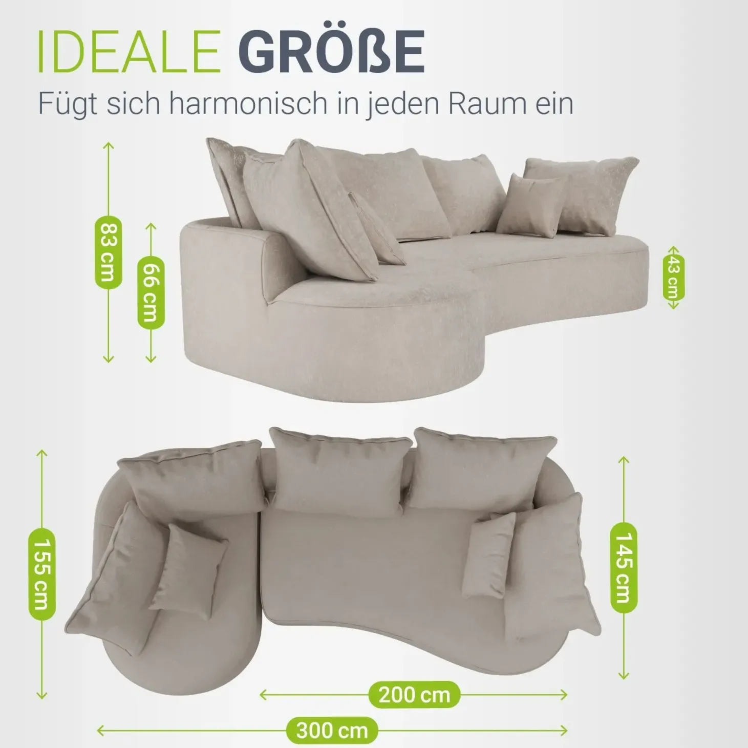 Sofa Tirano mit Ottomane & Dekokissen Gemütliche Couch mit Schaumstoff und Boxspringkern