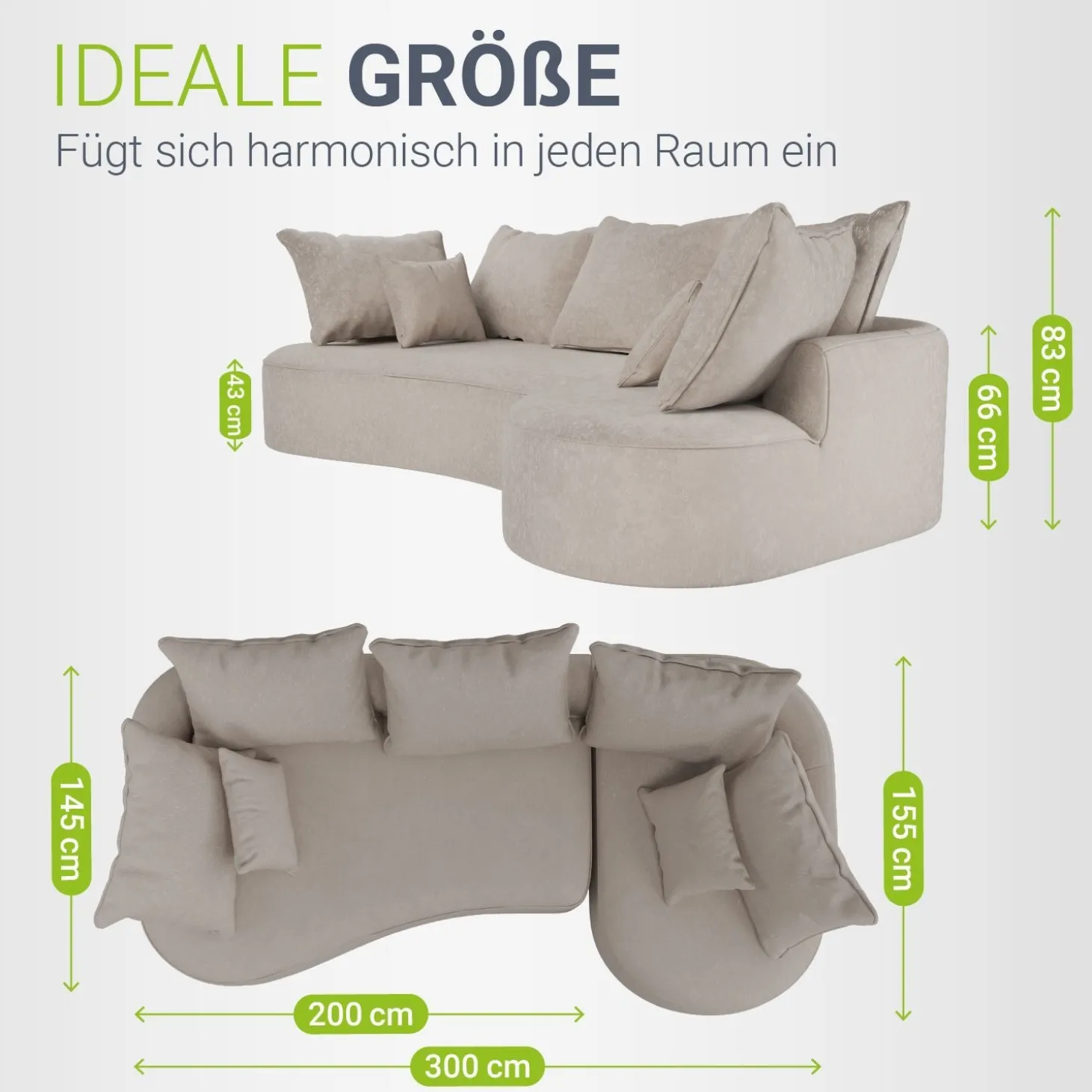Sofa Tirano mit Ottomane & Dekokissen Gemütliche Couch mit Schaumstoff und Boxspringkern