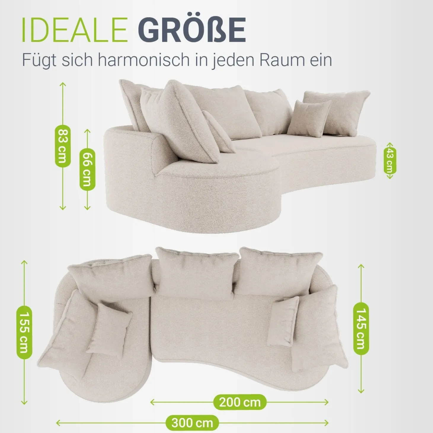 Sofa Tirano mit Ottomane & Dekokissen Gemütliche Couch mit Schaumstoff und Boxspringkern