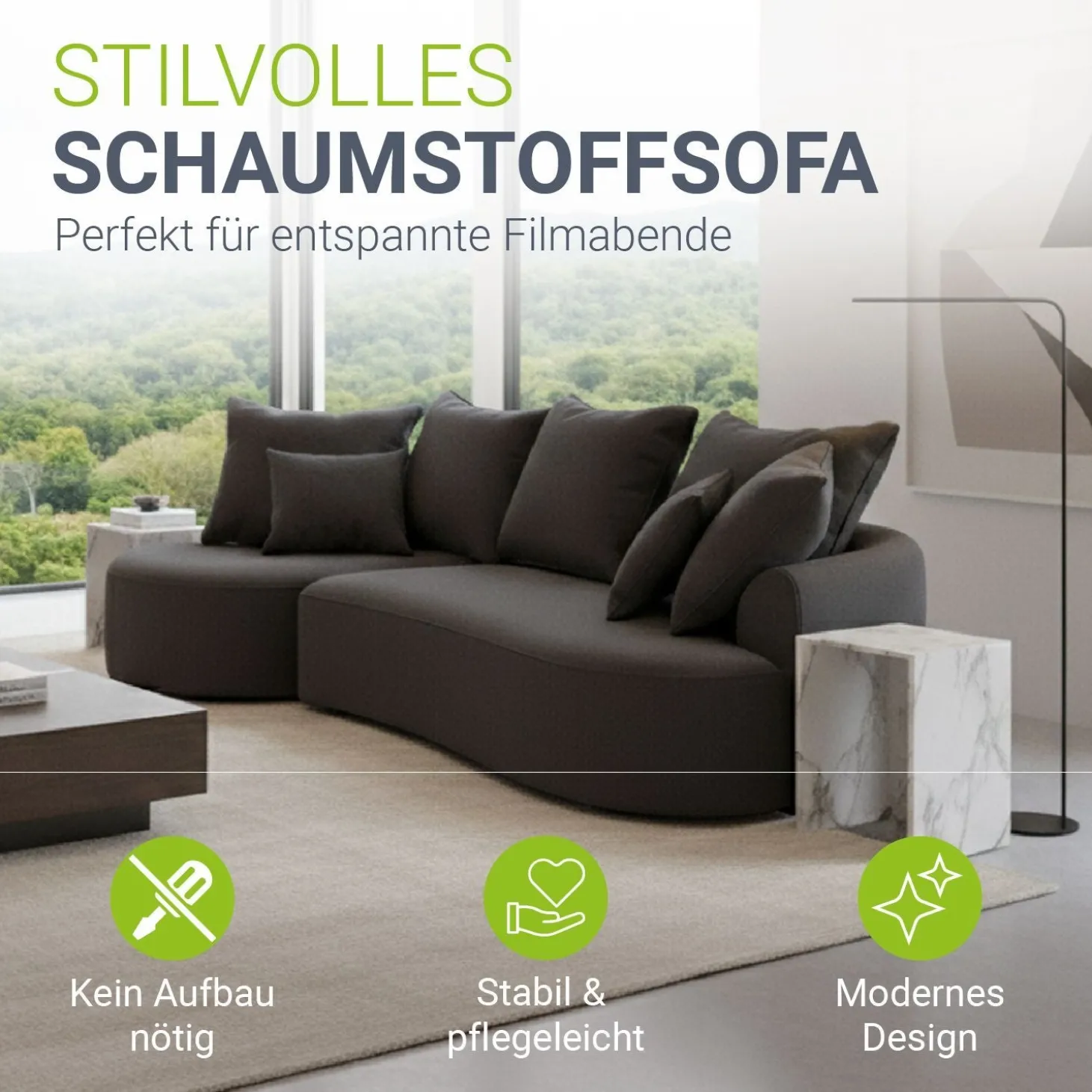 Sofa Tirano mit Ottomane & Dekokissen Gemütliche Couch mit Schaumstoff und Boxspringkern