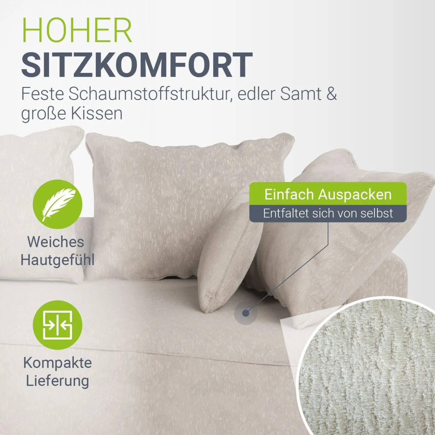 Sofa Tirano mit Ottomane & Dekokissen Gemütliche Couch mit Schaumstoff und Boxspringkern