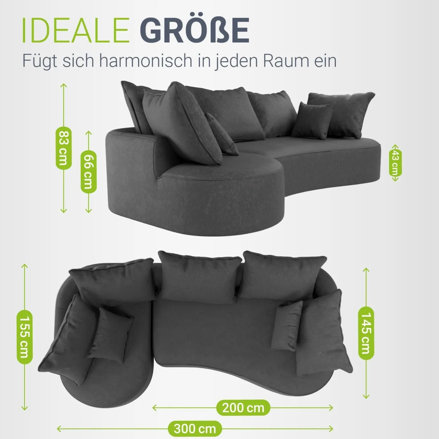 Sofa Tirano mit Ottomane & Dekokissen Gemütliche Couch mit Schaumstoff und Boxspringkern