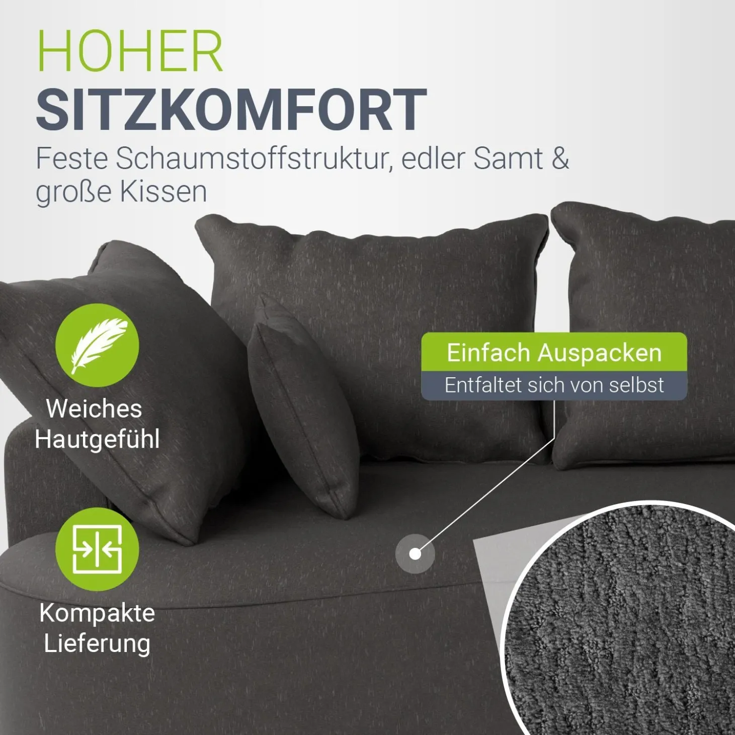Sofa Tirano mit Ottomane & Dekokissen Gemütliche Couch mit Schaumstoff und Boxspringkern