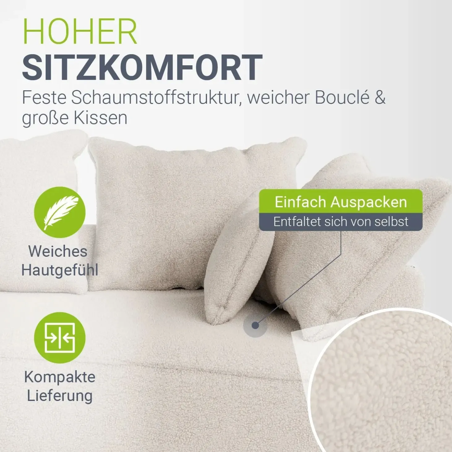 Sofa Tirano mit Ottomane & Dekokissen Gemütliche Couch mit Schaumstoff und Boxspringkern