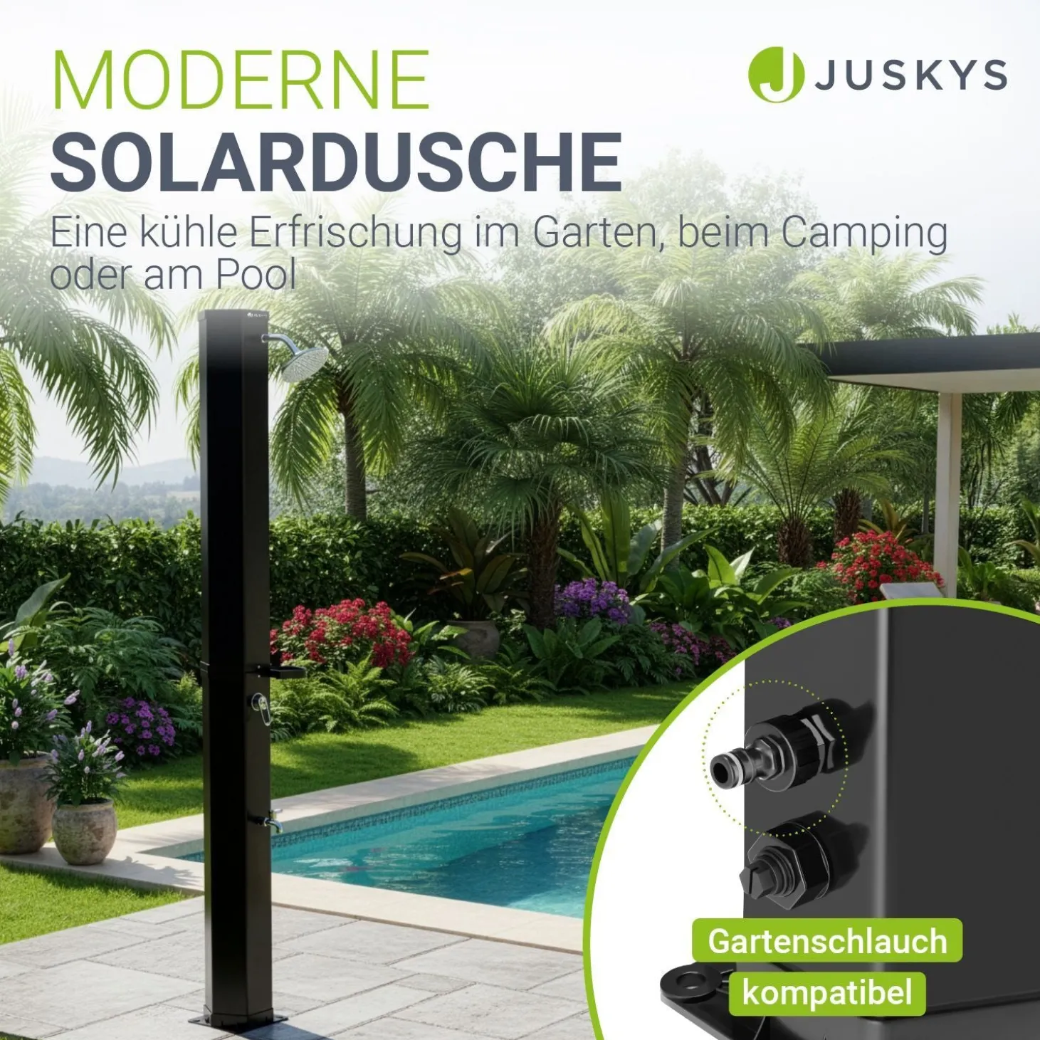 Solardusche Victoria Gartendusche mit großem Regen-Duschkopf und Temperatureinstellung