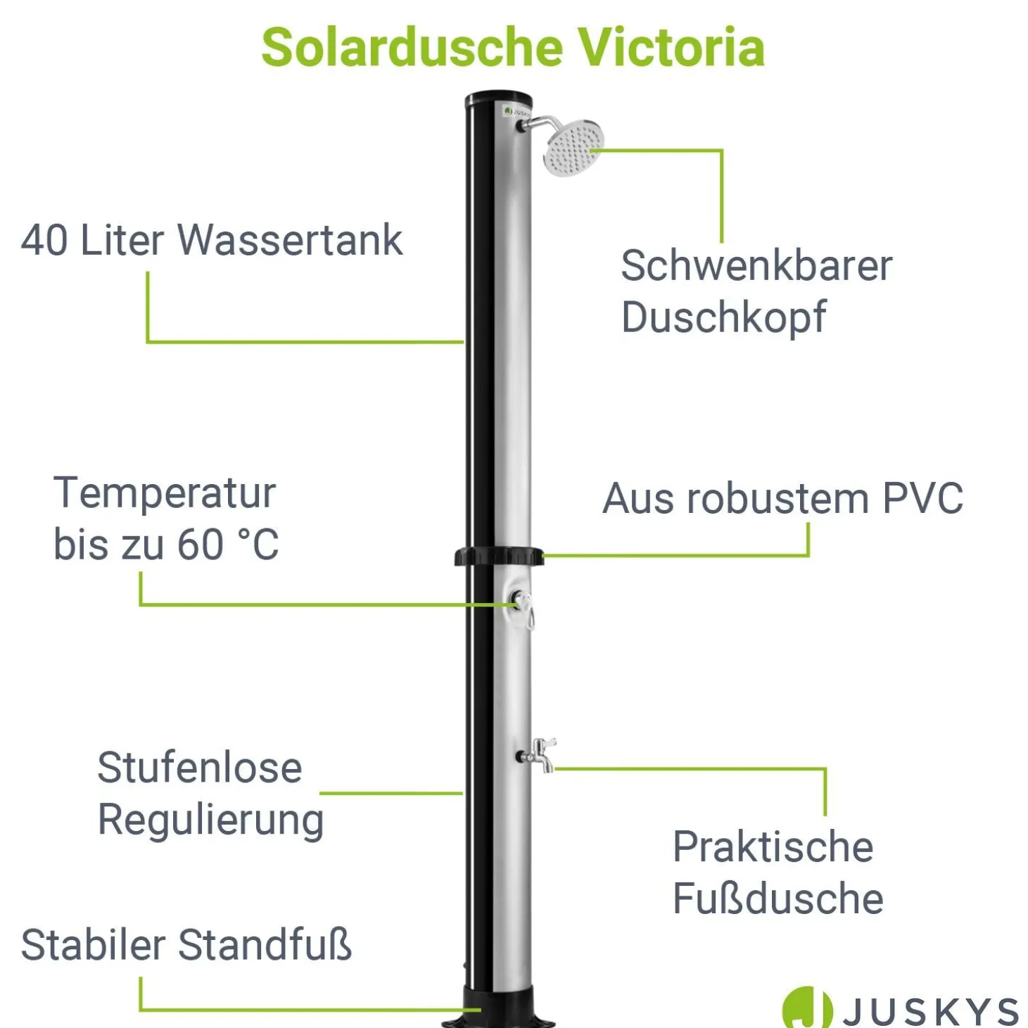 Solardusche Victoria Gartendusche mit großem Regen-Duschkopf und Temperatureinstellung
