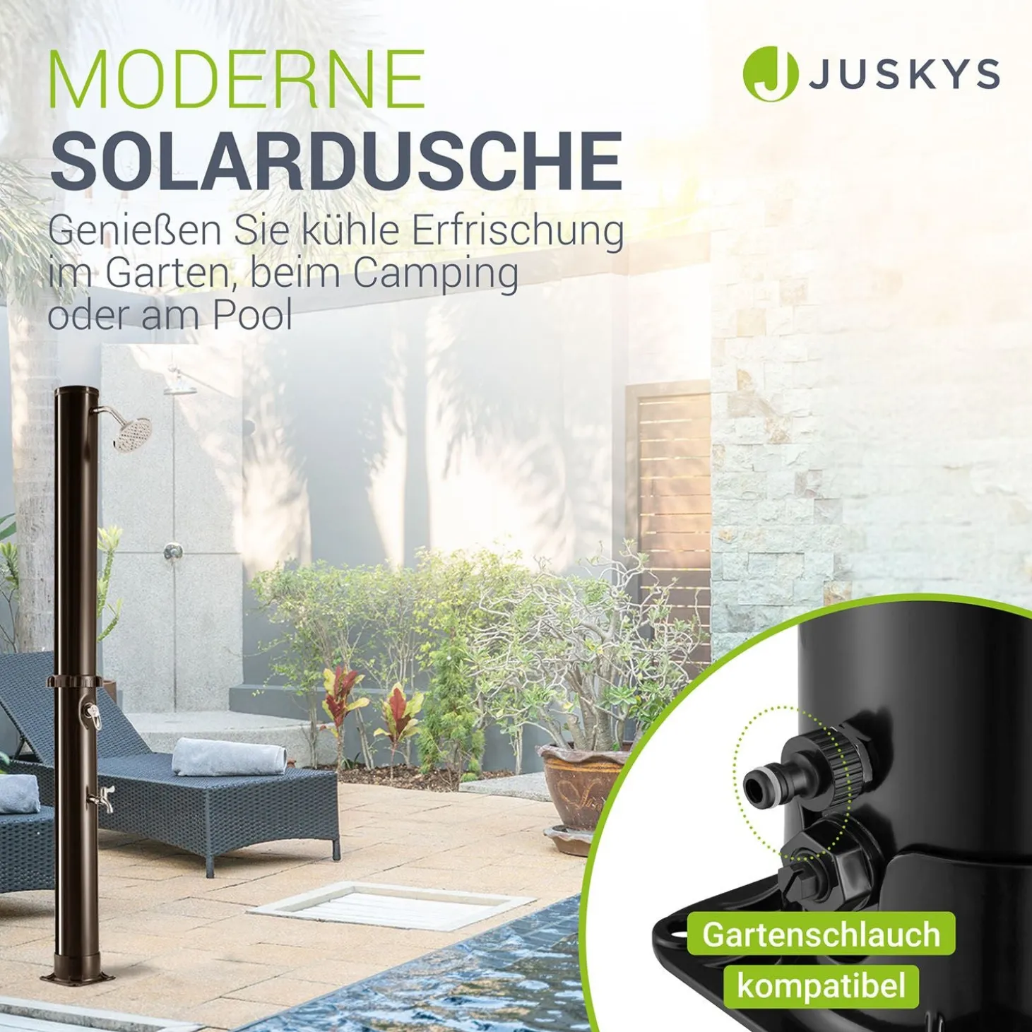 Solardusche Victoria Gartendusche mit großem Regen-Duschkopf und Temperatureinstellung