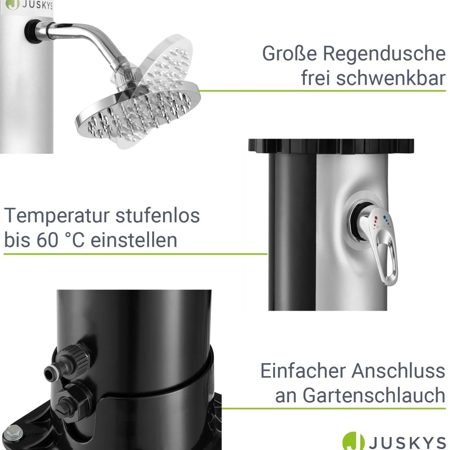 Solardusche Victoria Gartendusche mit großem Regen-Duschkopf und Temperatureinstellung