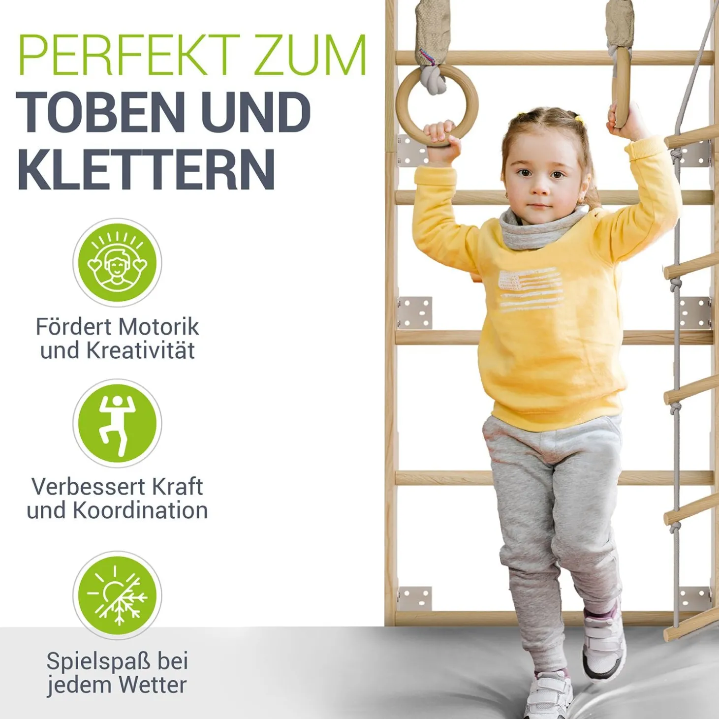 Sprossenwand für Kinder Indoor Kletterwand mit Strickleiter und Turnringen