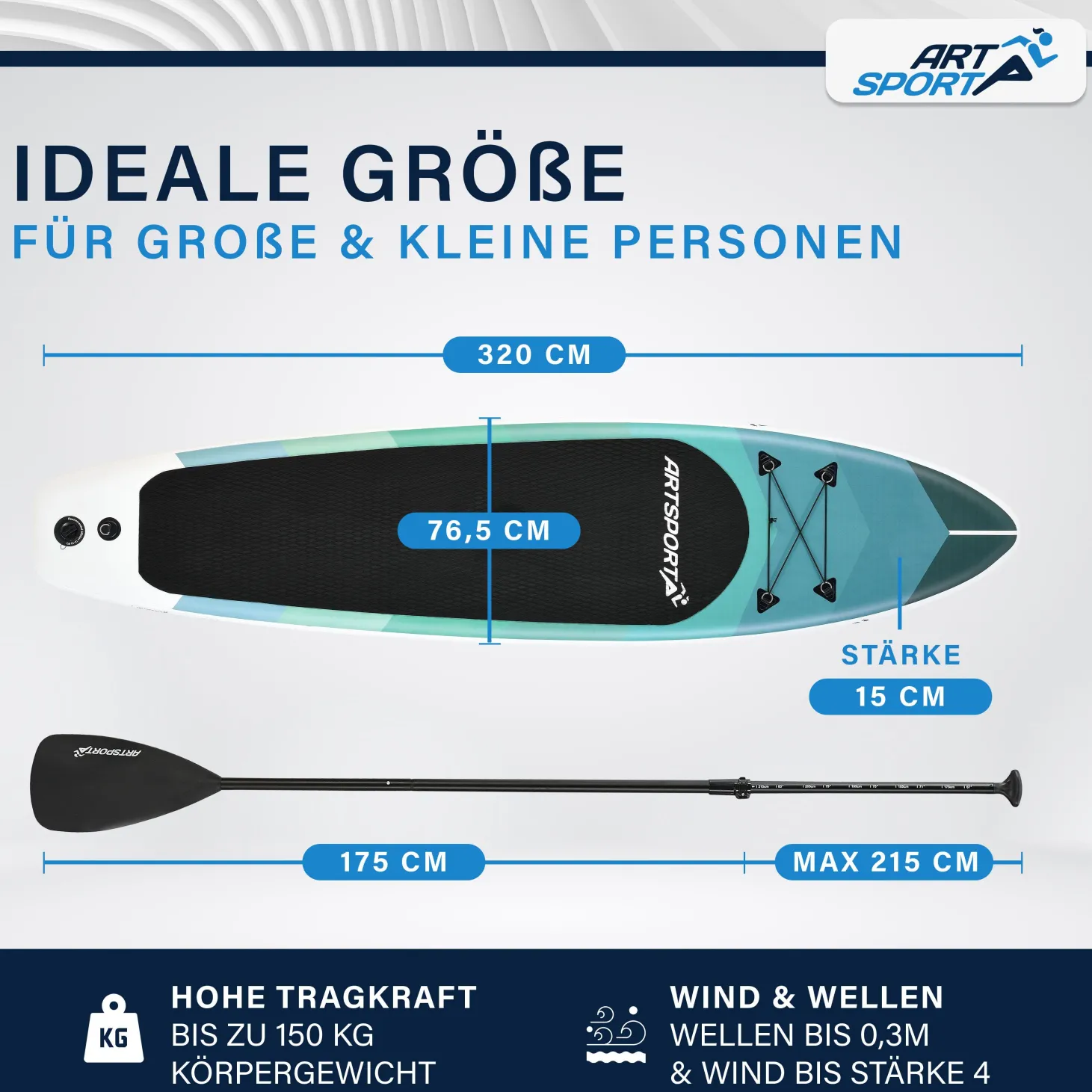 Stand Up Paddling Board - Komplett Set Aufblasbares SUP mit Paddel, Tasche, Leine & Zubehör