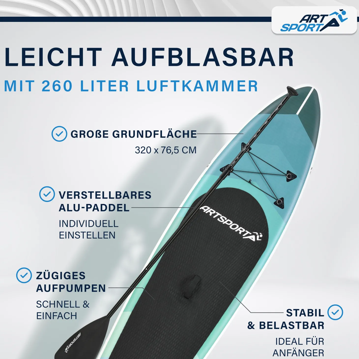 Stand Up Paddling Board - Komplett Set Aufblasbares SUP mit Paddel, Tasche, Leine & Zubehör