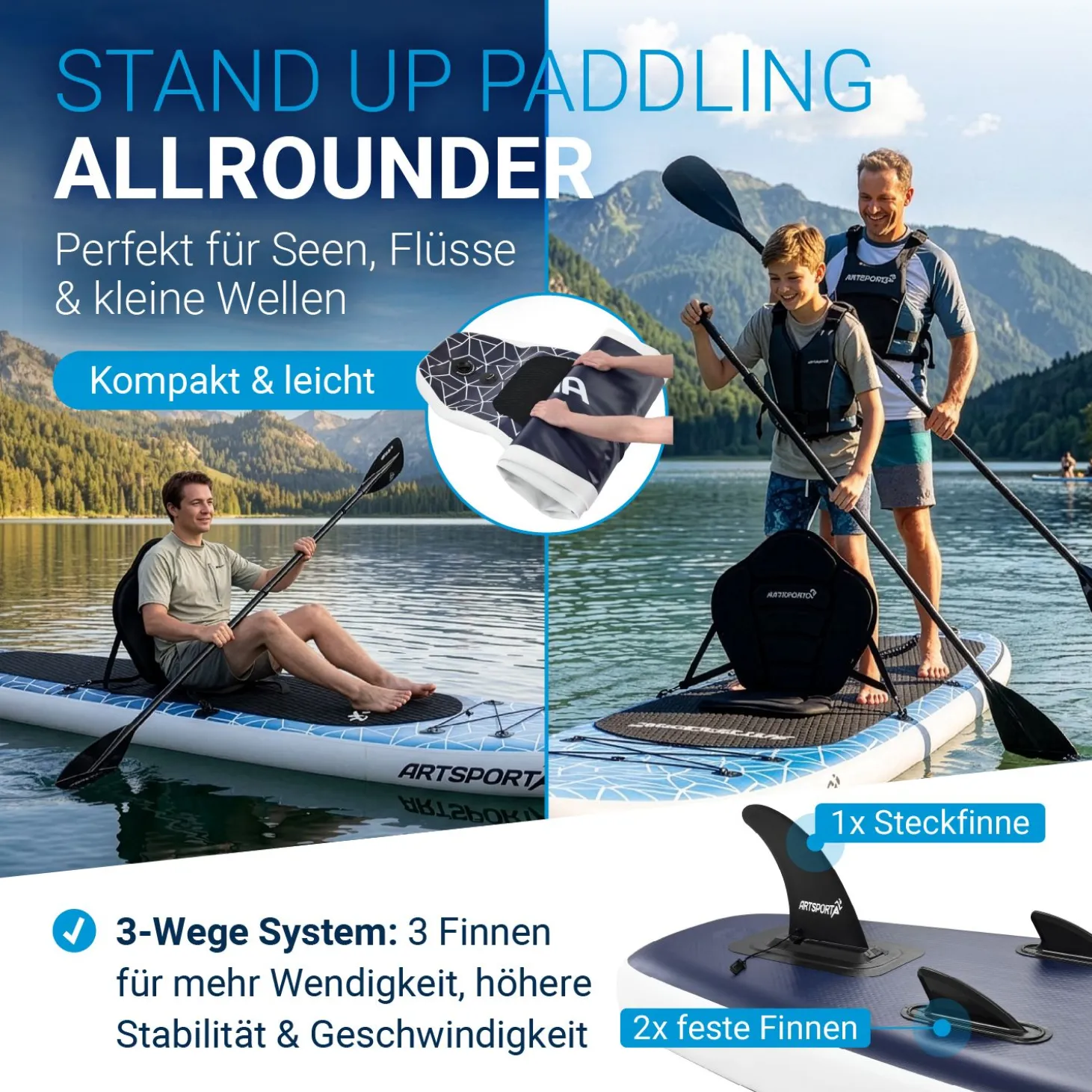 Stand Up Paddling Board mit Kajaksitz Aufblasbares SUP mit integrierter Action-Cam-Halterung