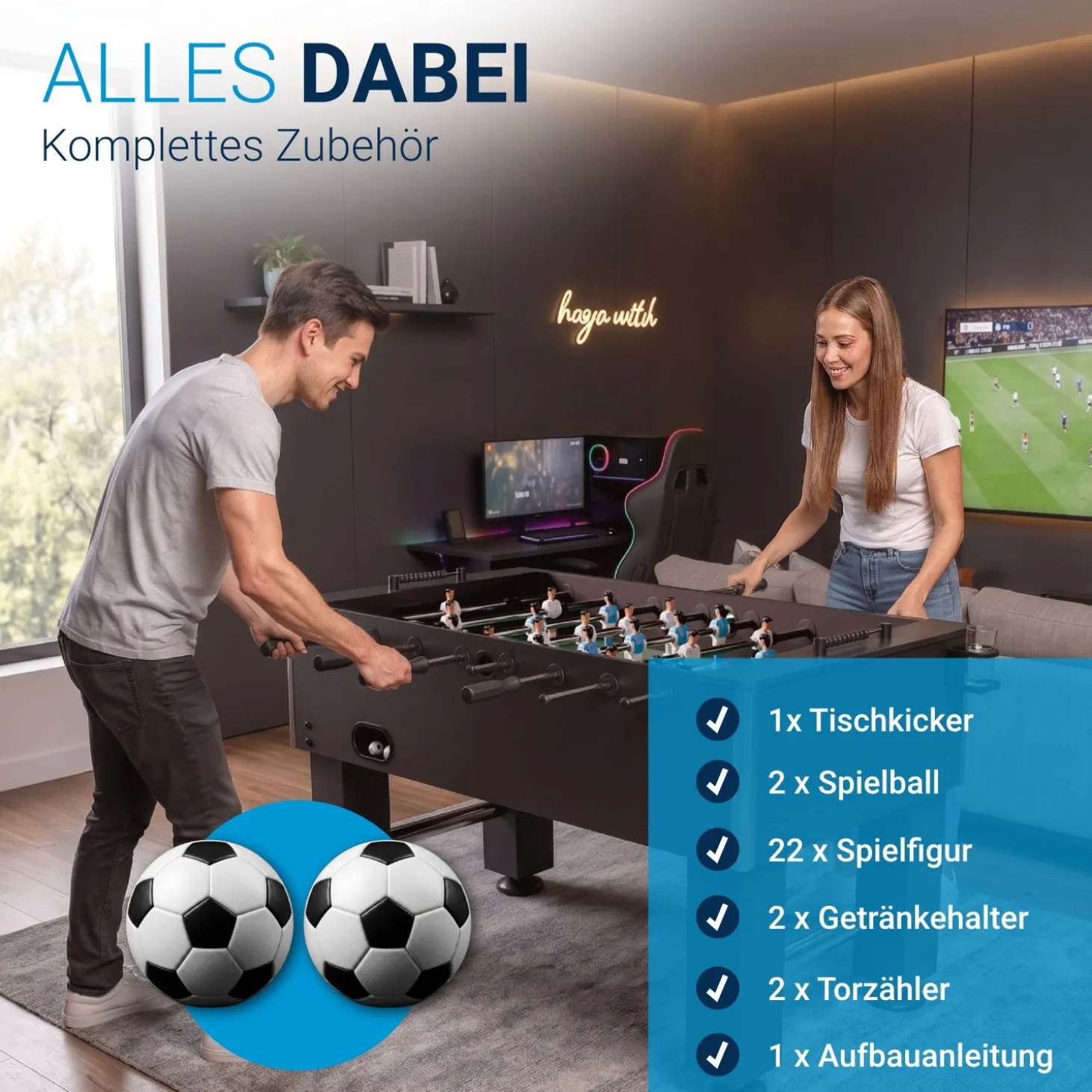 Tischkicker Wuzzler Tischfußball Kicker mit Getränkehalter für unschlagbaren Spielspaß