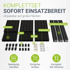 WPC Terrassendielen in Anthrazit Komplettset, inkl. Unterkonstruktion, Clips & Schrauben