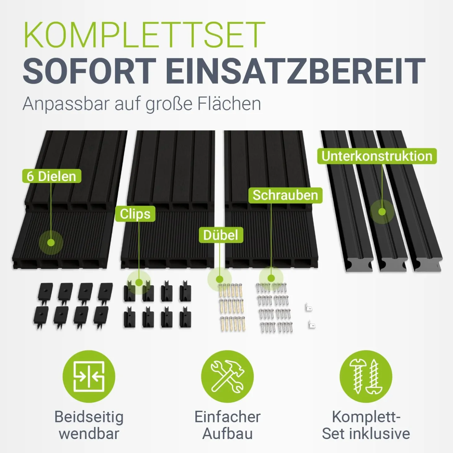 WPC Terrassendielen in Anthrazit Komplettset, inkl. Unterkonstruktion, Clips & Schrauben