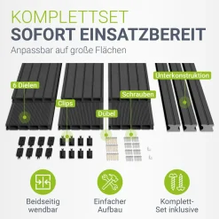 WPC Terrassendielen in Grau Komplettset, inkl. Unterkonstruktion, Clips & Schrauben