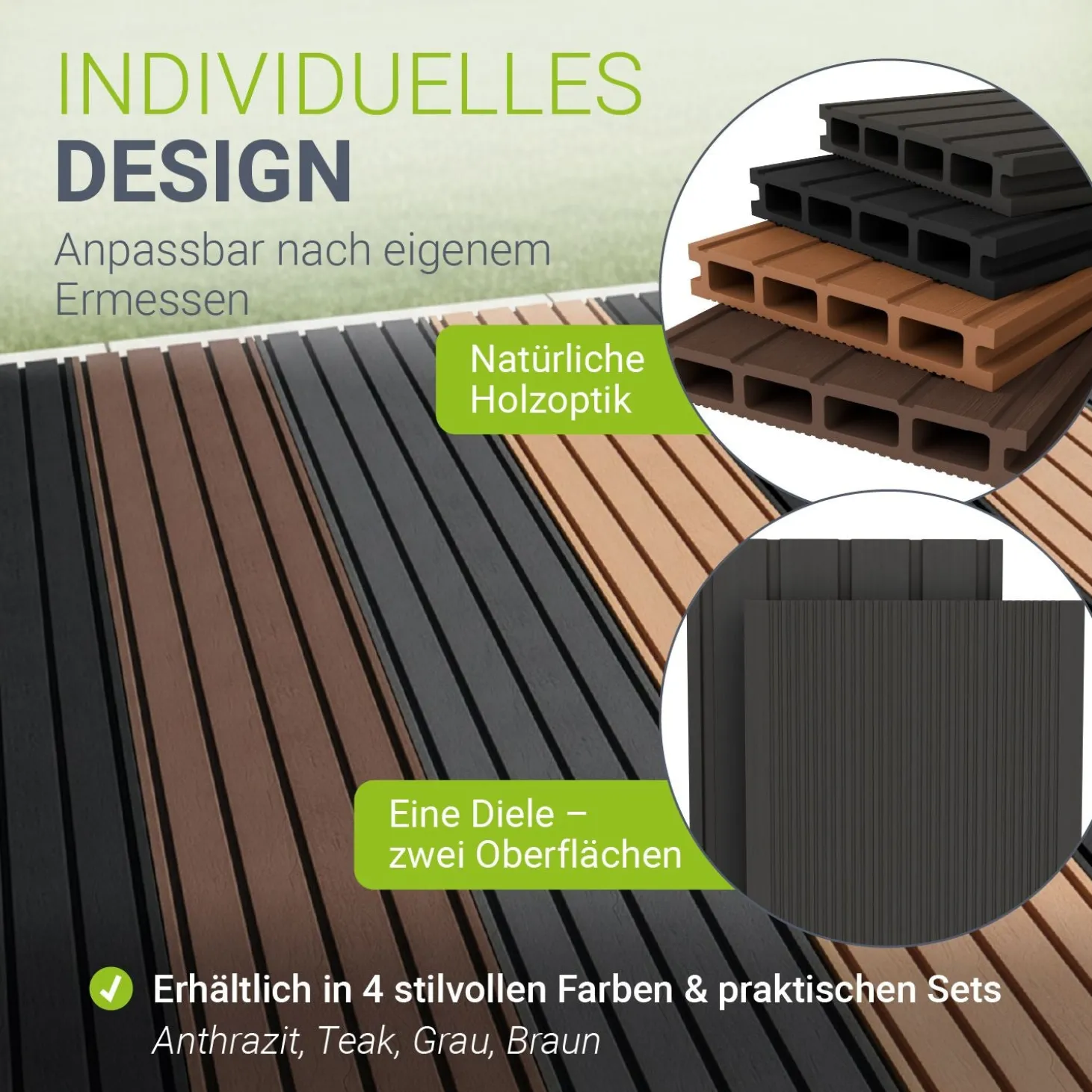 WPC Terrassendielen in Grau Komplettset, inkl. Unterkonstruktion, Clips & Schrauben