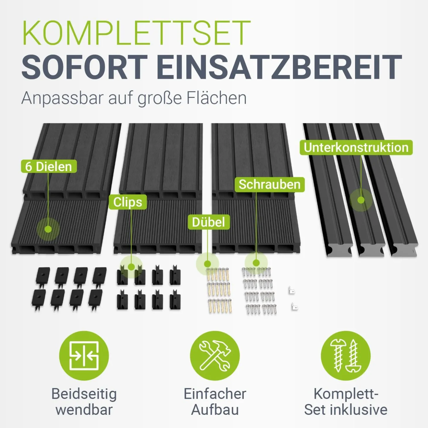 WPC Terrassendielen in Grau Komplettset, inkl. Unterkonstruktion, Clips & Schrauben