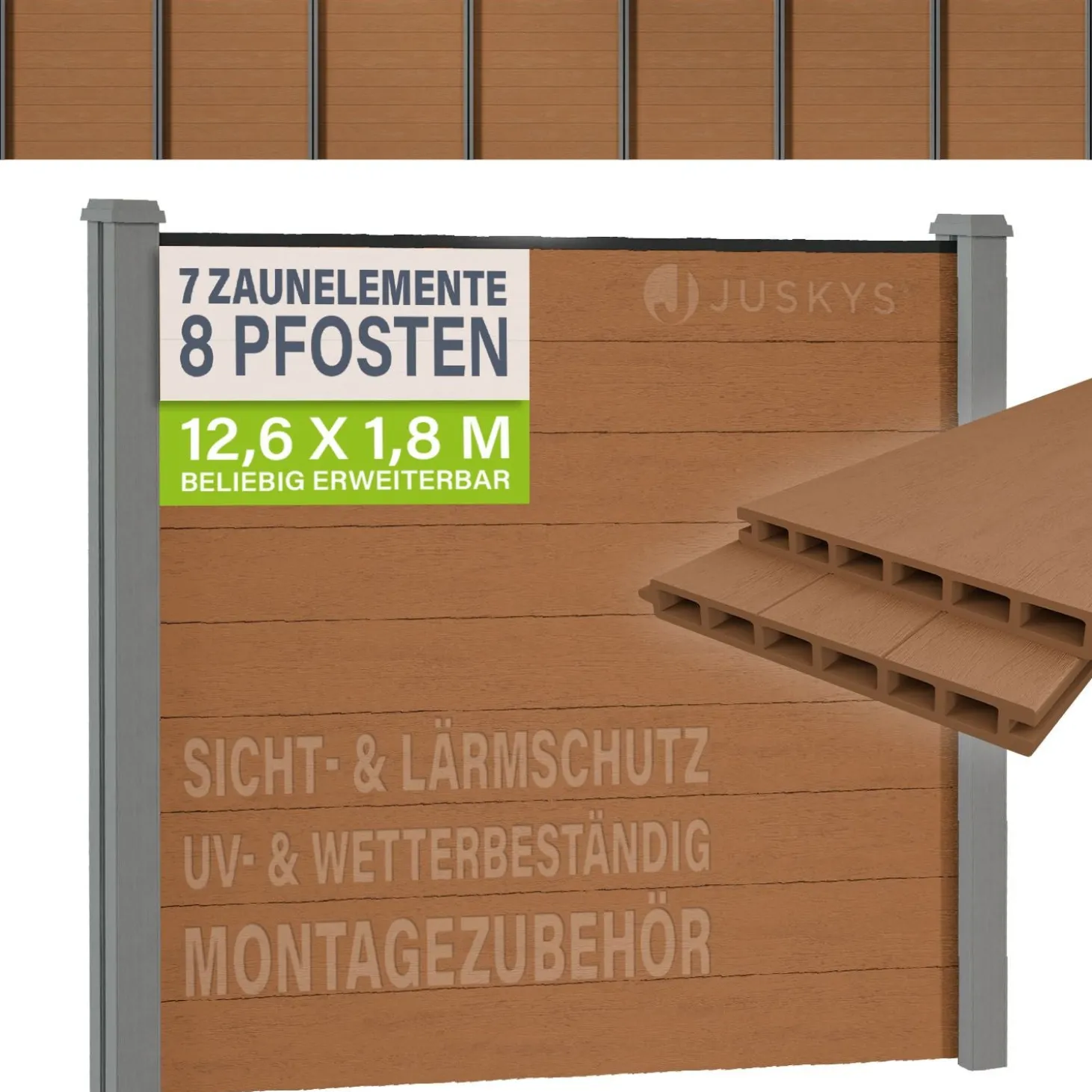WPC Zaun aus Elementen & Pfosten Sichtschutz aus WPC in Teak