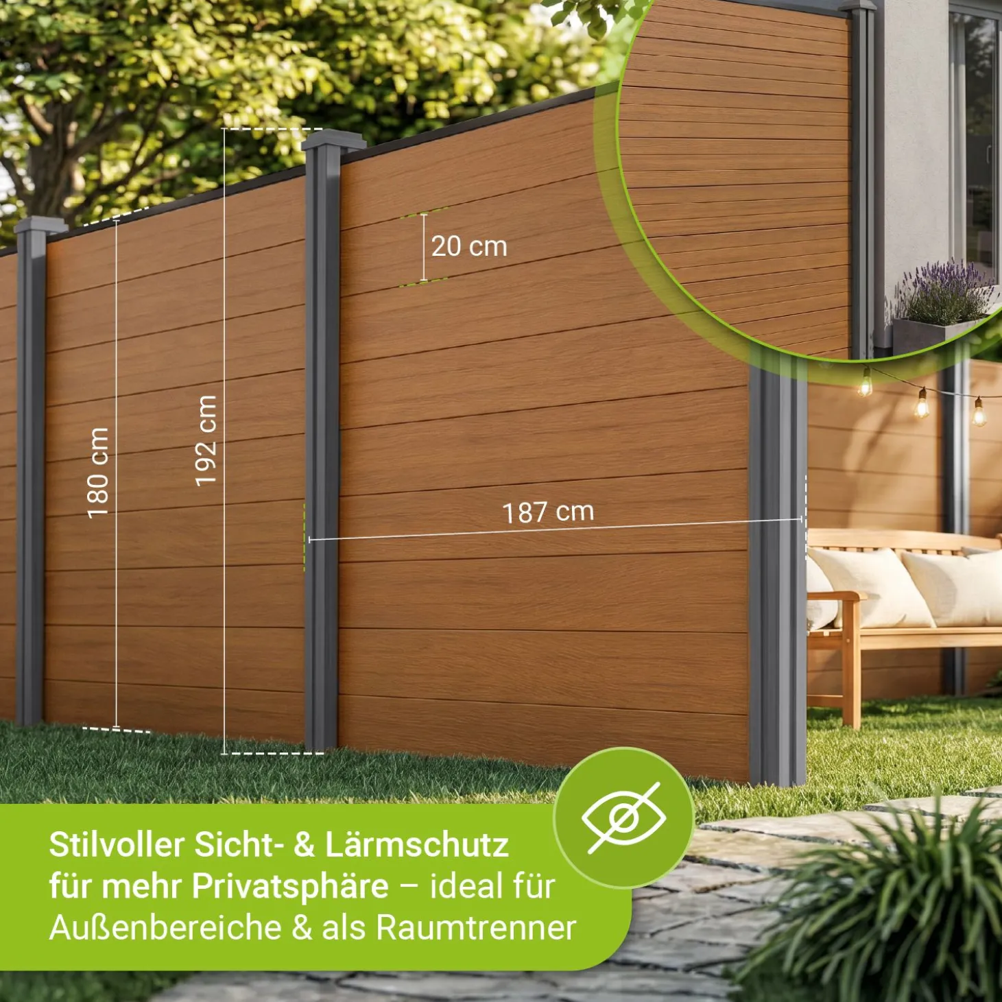 WPC Zaun aus Elementen & Pfosten Sichtschutz aus WPC in Teak